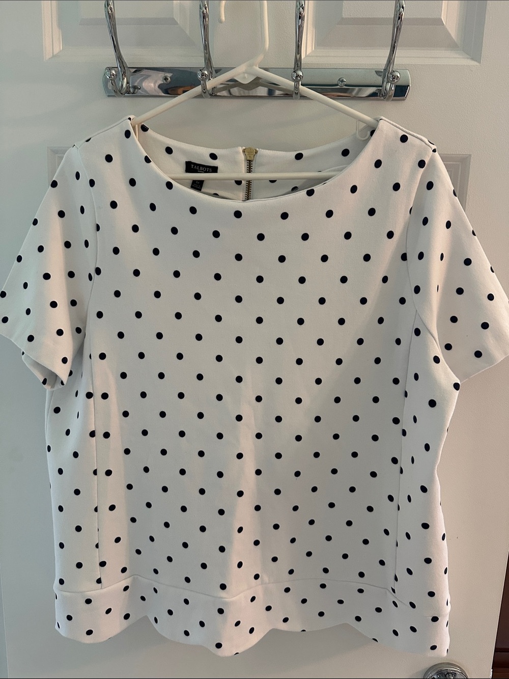 Talbots White Short Sleeve Ponte Polka Dot Tee with a Scalloped Hem
